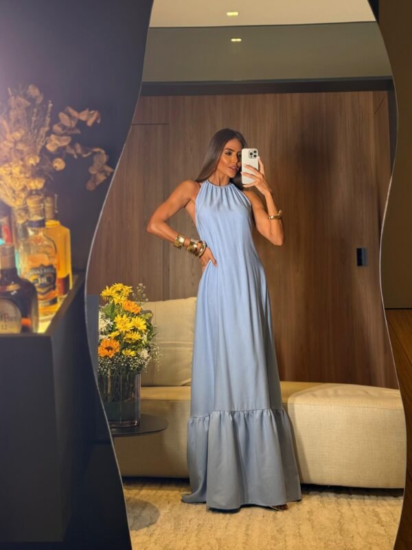 Vestido Longo Azul Claro Halter com Babado - Imagem 2